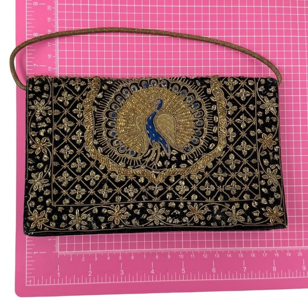 Vintage Black Velvet Peacock Gold Embroidered Beaded Floral Evening Bag Clutch - Picture 3 of 16